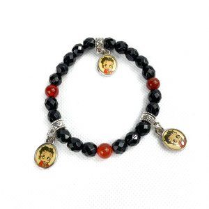 Vintage Betty Boop Charms w Semi-Precious Red Jasper beaded stretch bracelet (L)